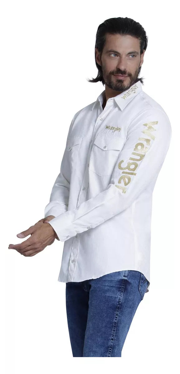Camisa Wrangler Caballero Logo Dorado Blanca 112345943001